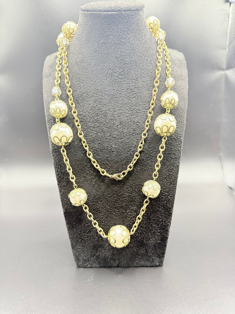 Vintage long station necklace ornate filigree gold-tone caps & faux pearl beads